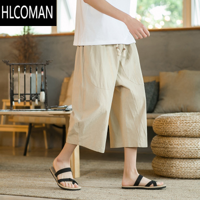 HLCOMAN亚麻七分裤男中国风宽松薄款阔腿八分裤青年夏季大码棉麻休闲短裤