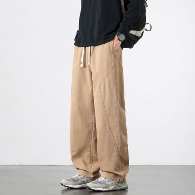 |秋季新款宽松直筒长裤男美式潮牌拼接松紧腰纯棉休闲裤