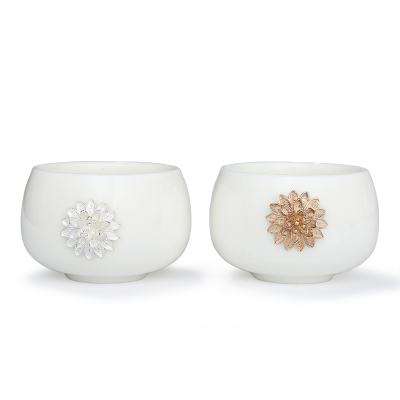 常生源 茶杯 镶银 白瓷 情侣杯 办公泡茶杯 带礼盒 同心花语对杯