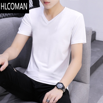 HLCOMAN男士t恤短袖v领修身潮流打底衫体恤夏季半袖男装纯色衣服长袖