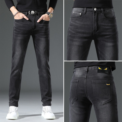 轻奢欧货秋冬季黑灰色牛仔裤男修身小脚潮流弹力休闲长裤子男_1_522