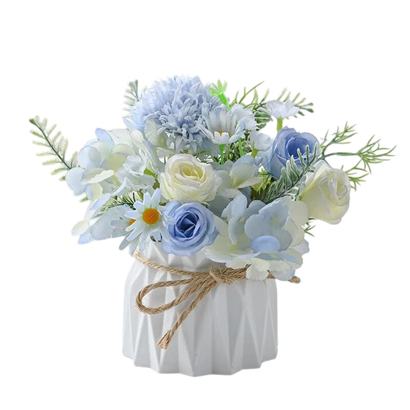 小白玫瑰组合蓝假花仿真花摆设盆栽塑料花