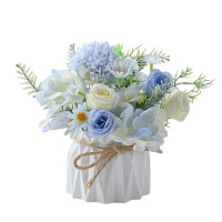 小白玫瑰组合蓝假花仿真花摆设盆栽塑料花