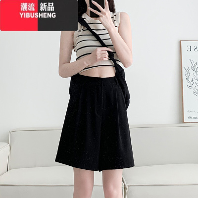 YIBUSHENG黑色西装短裤女高腰宽松显瘦a字直筒休闲中裤外穿阔腿五分裤子