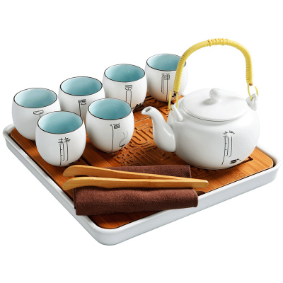 美帮汇定窑白瓷功夫茶具套装 大号陶瓷茶壶脂白提梁壶办公家用茶杯