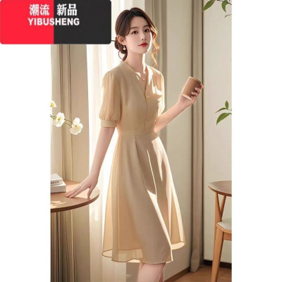 YIBUSHENG可甜可盐高端精致看初恋系气质绝美纯色雪纺仙气连衣裙子女