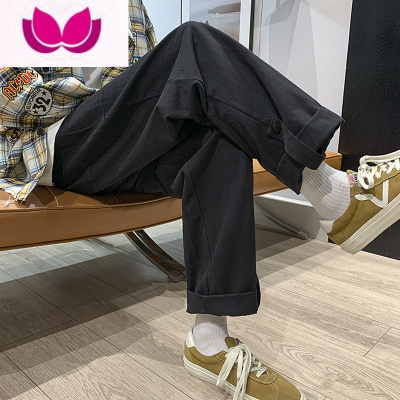 七斓黑色休闲裤男款春季潮流ins痞帅直筒裤潮牌宽松搭扣卷边九分裤子