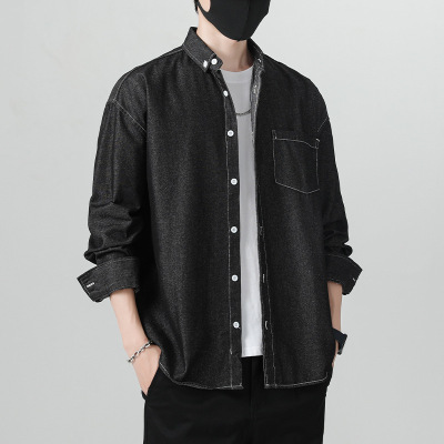男装牛仔长袖衬衫男士春秋季新款时尚透气复古休闲免烫衬衣潮外套