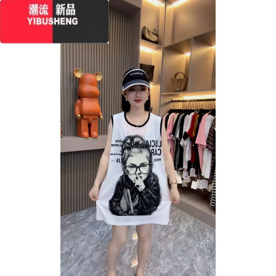 YIBUSHENG欧货美式潮牌涂鸦印花背心T恤裙女季宽松小个子无袖连衣裙