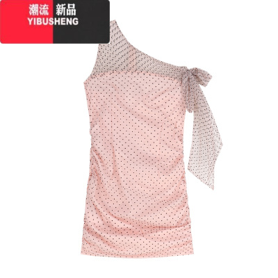 YIBUSHENG蝴蝶结波点斜领无袖连衣裙女装季气质网纱短裙收腰修身包臀裙子