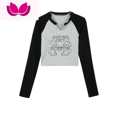 七斓小兔甜茶~美式复古兔子印花插肩长袖小V领T恤打底衫上衣女