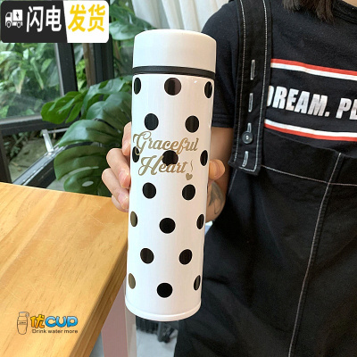 三维工匠可爱保温杯少女心日系卡通水杯简约男女学生情侣带茶隔不锈钢杯子 干十毛茶隔保温杯波点白色