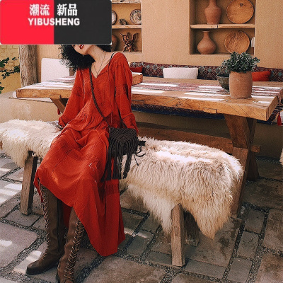 YIBUSHENG波西米亚连衣裙复古民族风度假长裙长袖沙滩裙大西北沙漠红裙子女