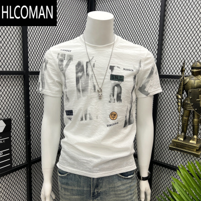 HLCOMAN短袖t恤男2025夏季新款冰丝凉感美式复古高街印花修身ins上衣体恤
