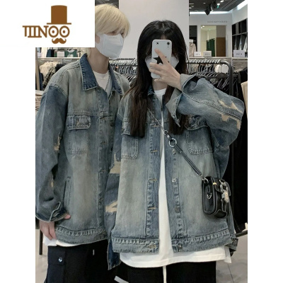 YANXUins嘻哈高街潮流做旧破洞宽松牛仔外套男 春季休闲百搭情侣装夹克