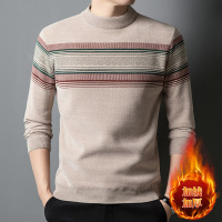 男士雪尼尔毛衣秋冬季加绒半高领套头针织衫中年休闲一体绒爸爸装