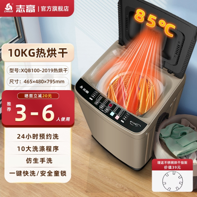 志高(CHIGO)810公斤洗衣机家用自动小型大容量宿舍波轮租房用洗烘一体 金色10KG/热烘干/玻璃盖板蓝光