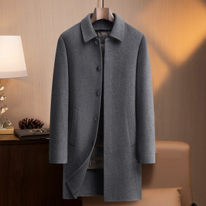 暗襟脱卸鹅绒内胆双面呢羊毛大衣风衣中老年男士秋冬中长呢外套