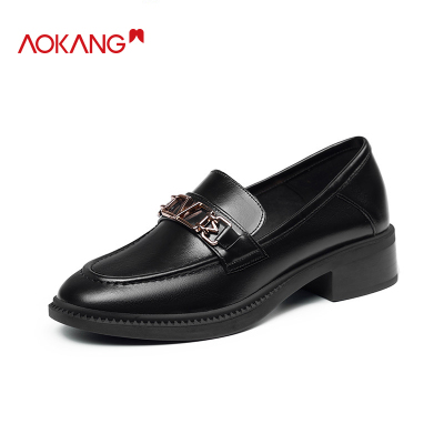 奥康女鞋春秋季英伦风马衔扣乐福鞋牛皮圆头女单鞋