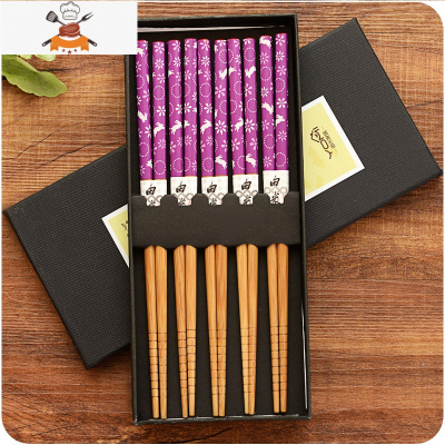 竹木筷子全家用区分家庭筷子套装5双日式高颜值实木快子一人一筷 敬平 紫色玉兔奔月