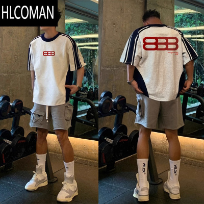 HLCOMAN美式趣味创意字母印花拼接短袖T恤男潮牌宽松插肩上衣