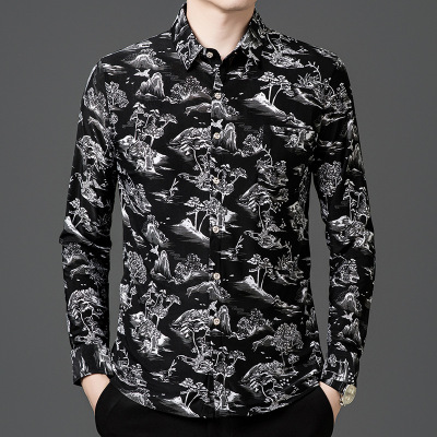 新款男士秋季薄款碎花长袖衬衫商务时尚休闲印花上衣