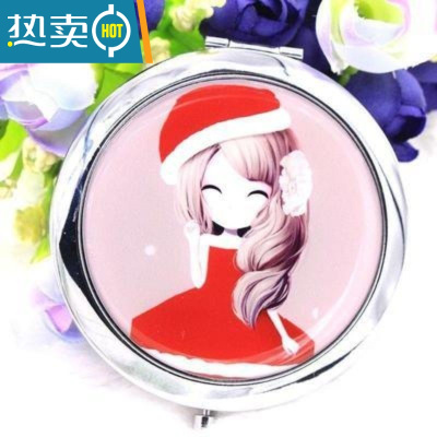 敬平可爱金属化妆镜随身便携美容小镜子折叠创意迷你山水画双面圆镜便携式用镜 红色姑娘#