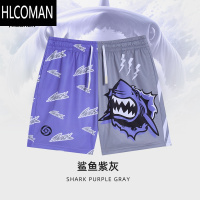 HLCOMAN印花运动短裤夏季新款四分鲨鱼裤撞色针织宽松潮流花裤子男子