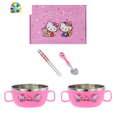 不锈钢碗儿童餐具套装宝宝防摔吃饭碗带盖卡通防烫双耳汤碗礼品碗 FENGHOU 蓝色2碗1勺1叉1杯(送盖子)