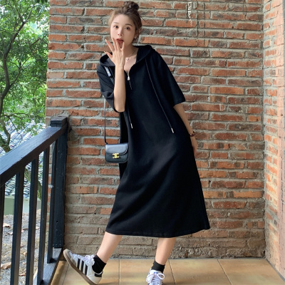 YIBUSHENG大码胖mm新款简约休闲宽松拉链连帽中长款卫衣裙气质显瘦连衣裙
