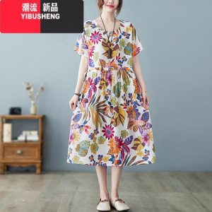 YIBUSHENG口袋收抽绳妈妈棉绸连衣裙女中长款季洋气遮肚休闲显瘦大码棉麻