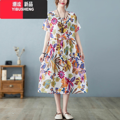 YIBUSHENG口袋收抽绳妈妈棉绸连衣裙女中长款季洋气遮肚休闲显瘦大码棉麻