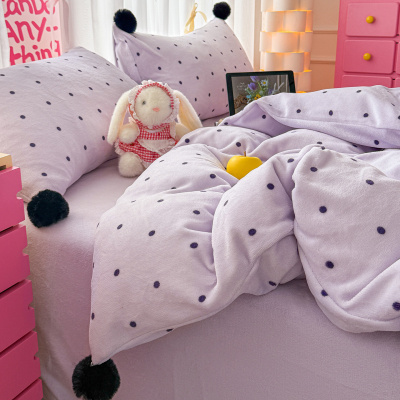 ins风紫色波点牛奶绒床上四件套冬季加厚毛绒床品被套床单三件套