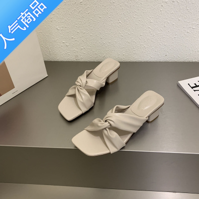 SUNTEK网红半拖凉鞋女外穿时尚2023新款夏季韩版中跟粗跟一脚蹬懒人凉拖