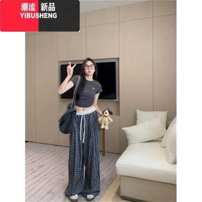 YIBUSHENG悉尼辣妹~松紧腰撞色格子休闲裤女雅痞宽松阔腿裤直筒长裤