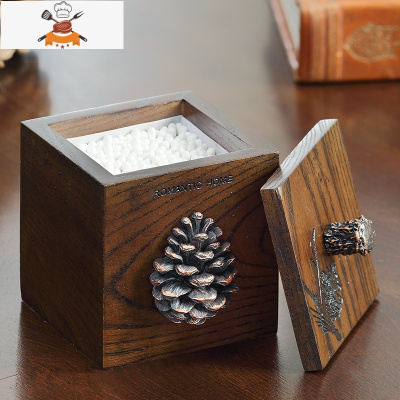 创意美式复古木质牙签盒防尘带盖分格收纳棉签盒 敬平 松果棉签盒牙签筒