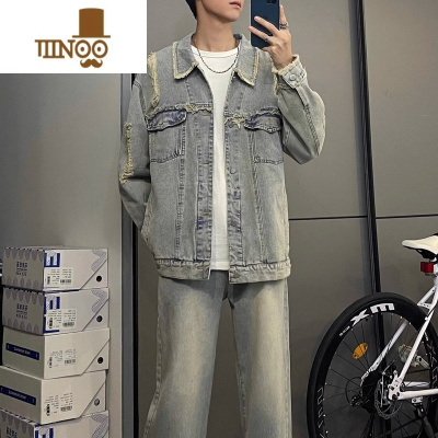 YANXU复古美式高街牛仔外套男新款痞帅破洞毛边宽松百搭夹克ins潮