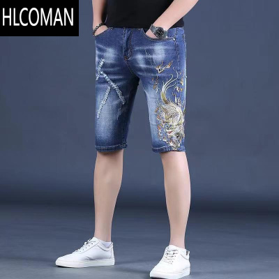 HLCOMAN夏季薄款潮牌中国风龙刺绣五分牛仔短裤男蓝色破洞修身休闲中裤子