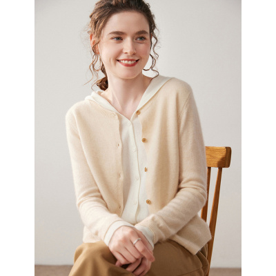 女士连帽拼色假两件山羊绒针织开衫外套上衣25秋冬季气质优雅软糯