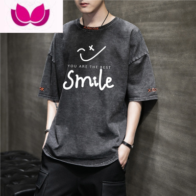 七斓牛仔短袖T恤男士ins2023新款夏季薄款宽松冰感五分袖体恤