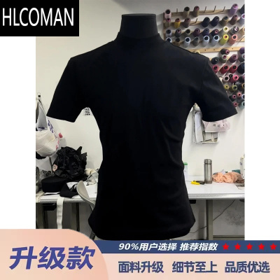 HLCOMAN王嘉尔同款纯黑色收袖口t恤男款夏季修身显肌肉健身弹力收腰短袖