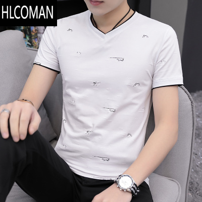HLCOMAN冰感短袖T恤男士V领潮流体恤上衣服时尚夏装2025新款冰丝半袖