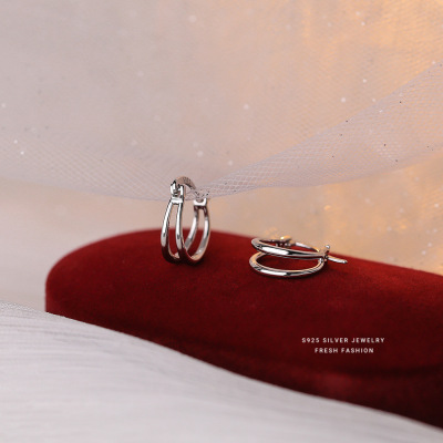 s925纯银双层圆圈光面耳环女简约复古个性港风时尚耳扣耳圈可代发送女朋友老婆情人节七夕生日礼物