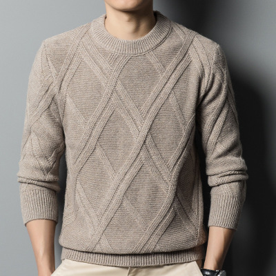 秋冬季新款加厚羊毛衫男圆领粗针提花保暖毛衣男士打底针织衫