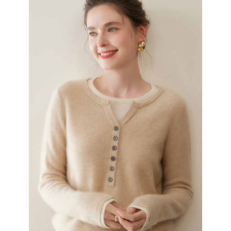 秋冬新款假两件拼色羊绒衫女圆V领针织衫宽松内搭打底衫毛衣