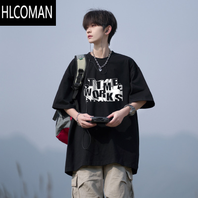 HLCOMAN印花短袖T恤男2025新款夏季大码宽松上衣ins圆领体恤衫