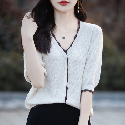 棉线假开衫女短袖春夏新款V领针织衫宽松薄款上衣T恤打底衫