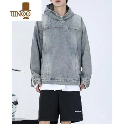 YANXU美式街头oversize复古蓝小众设计感水洗连帽牛仔卫衣男大码外套男