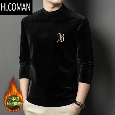 HLCOMAN金丝绒卫衣男加绒加厚半高领p暖衣中青年印花长袖t恤打底衫上衣
