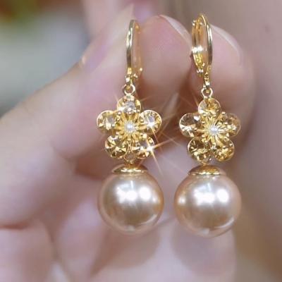 轻奢时尚百搭锆石花朵珍珠耳环高级感气质甜美香槟色珠珠耳坠耳饰送女朋友老婆情人节七夕生日礼物
